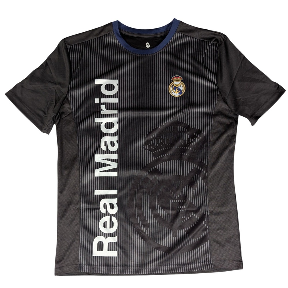 Real Madrid Soccer Jersey Black White Stripe Crest Logo Men's Size S